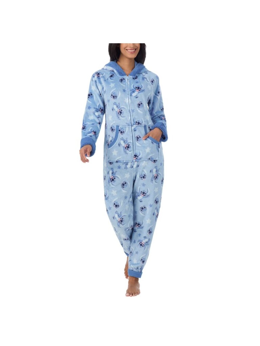 Disney Lilo & Stitch Character Hooded Jumpsuit Pajamas Fleece Sleepwear LARGE
